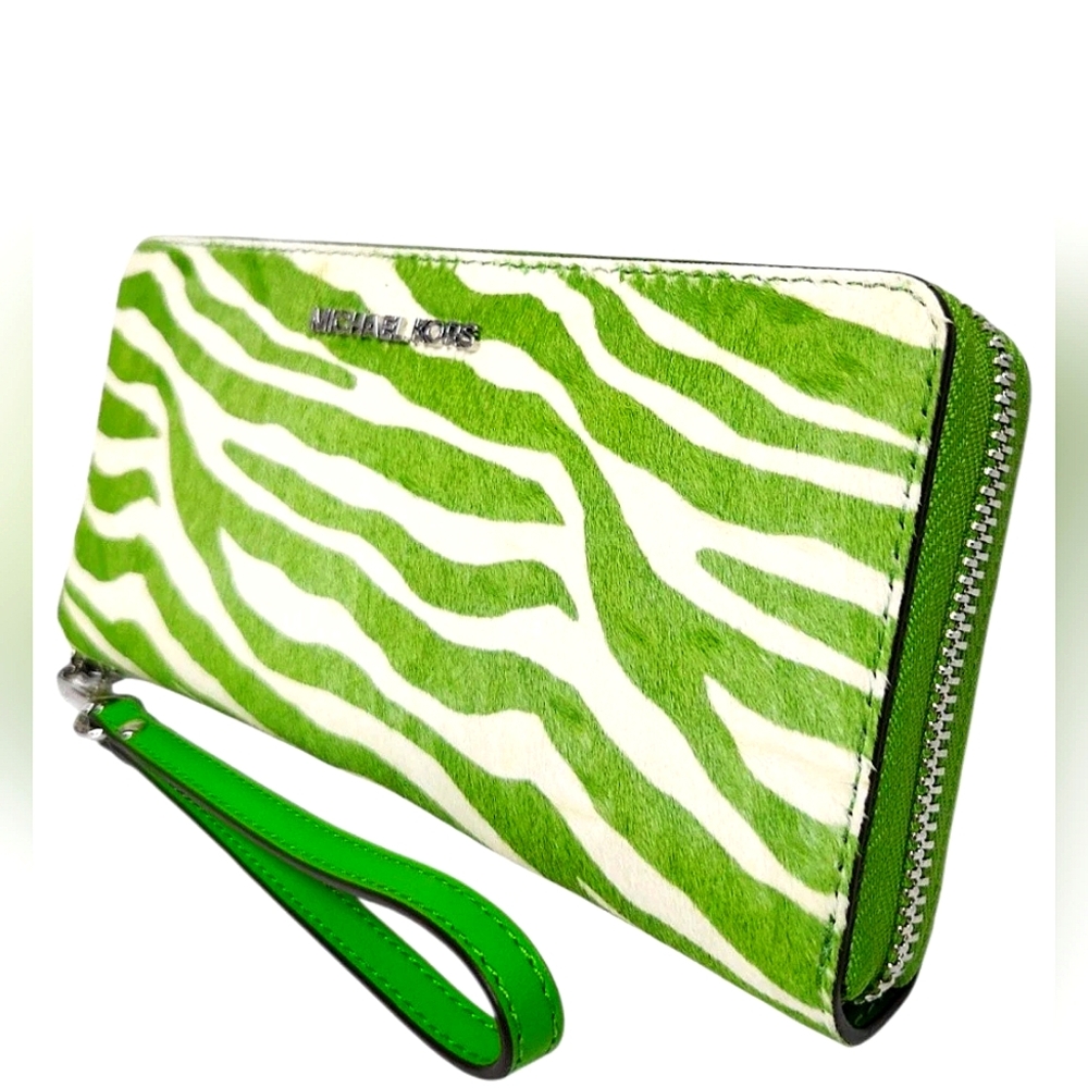 Michael Kors Jet Set Travel Zebra Print Calf Hair Continental Wallet Green